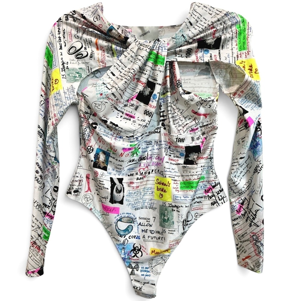 COPERNI Twisted Cut Out Jersey Bodysuit Multi‎ Color Graffiti Print L Rare $420